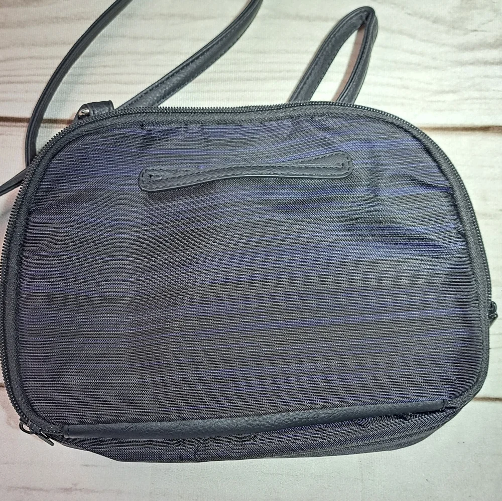 Multisac Black And Blue Pin Stripe Crossbody Purse Lots Of Pockets